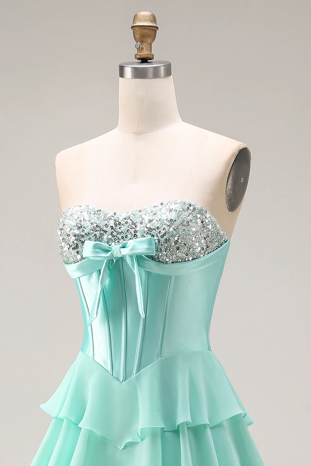Blue Strapless Corset A-Line Tiered Ruffled Long Prom Dress with Slit - Image 16