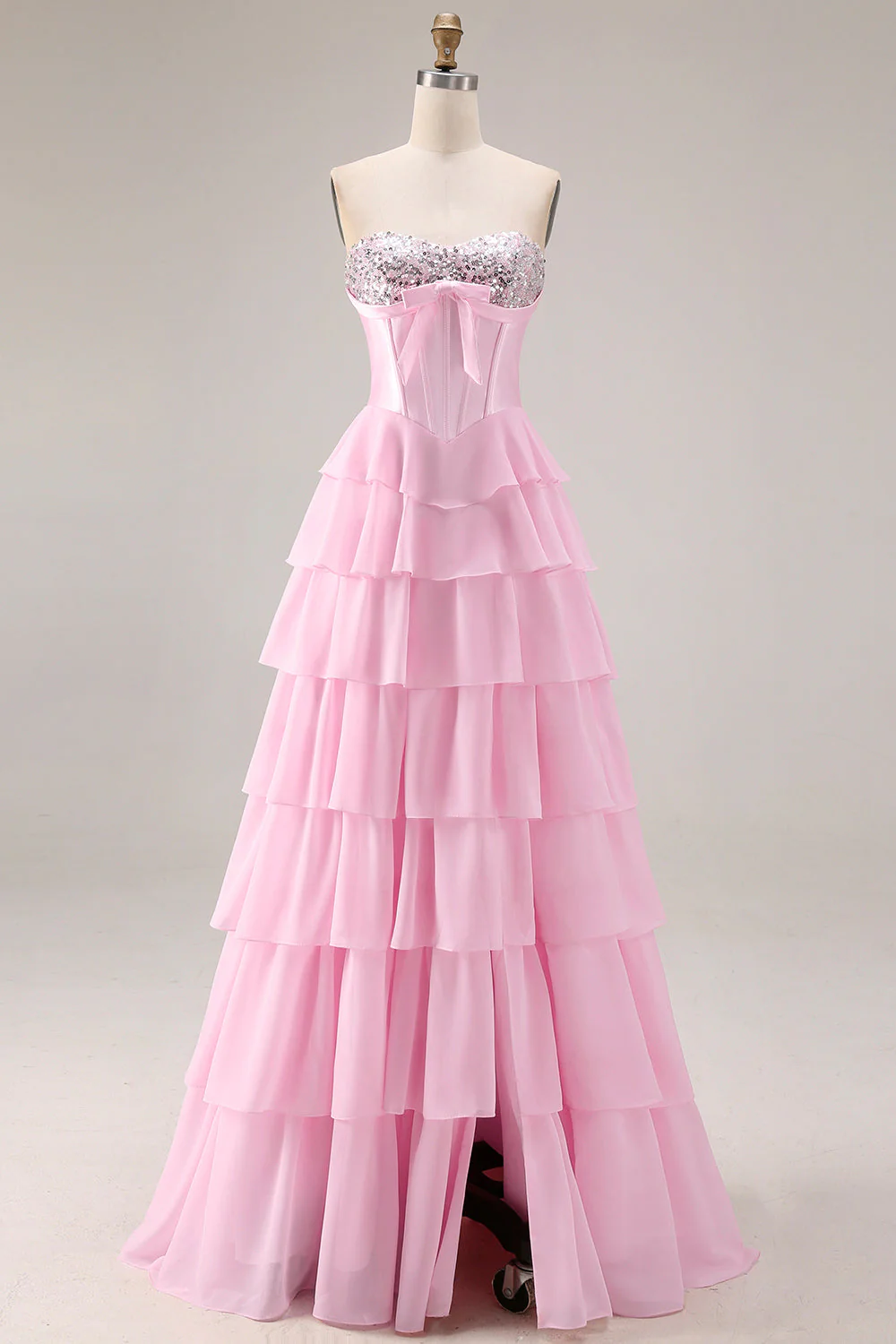Blue Strapless Corset A-Line Tiered Ruffled Long Prom Dress with Slit - Image 17