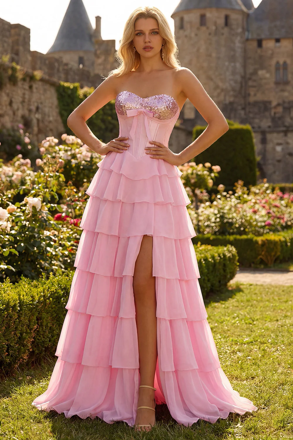 Blue Strapless Corset A-Line Tiered Ruffled Long Prom Dress with Slit - Image 19