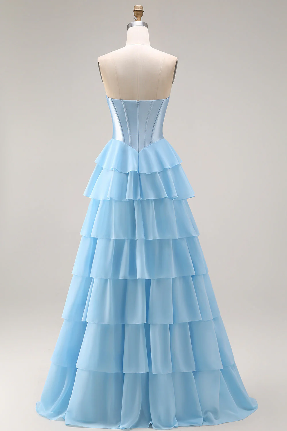 Blue Strapless Corset A-Line Tiered Ruffled Long Prom Dress with Slit - Image 2
