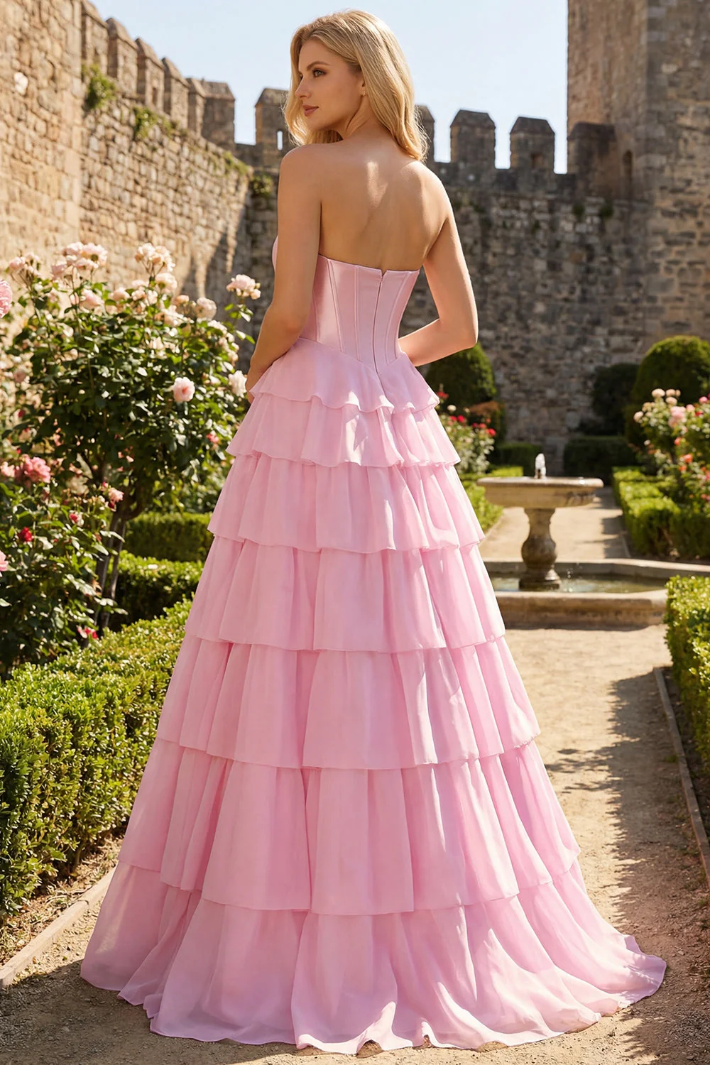 Blue Strapless Corset A-Line Tiered Ruffled Long Prom Dress with Slit - Image 20