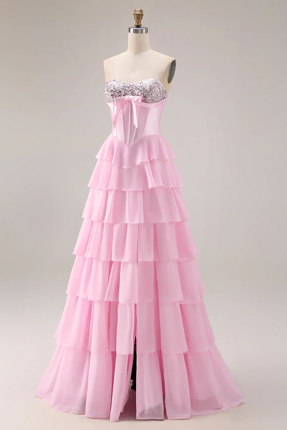 Blue Strapless Corset A-Line Tiered Ruffled Long Prom Dress with Slit - Image 21