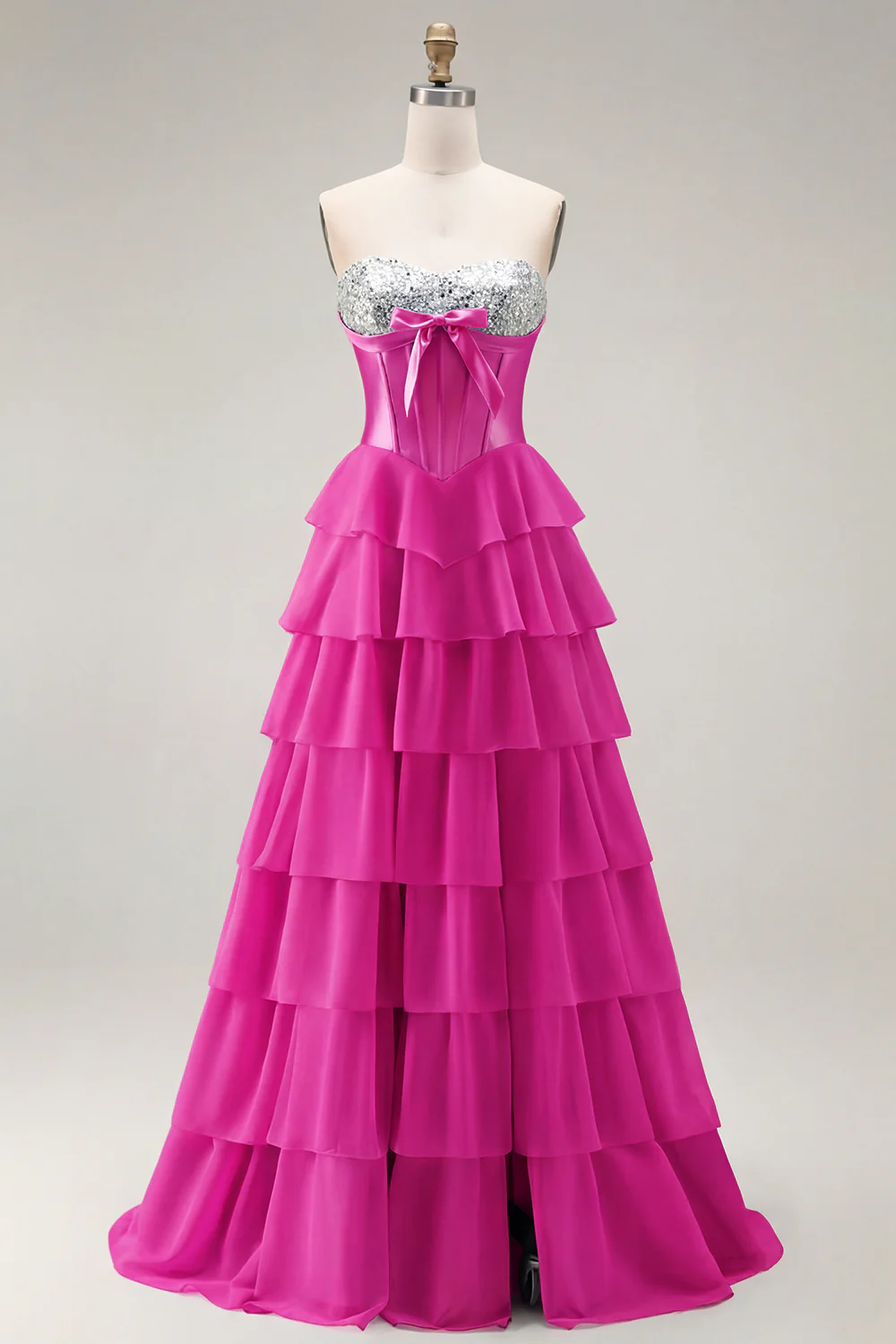 Blue Strapless Corset A-Line Tiered Ruffled Long Prom Dress with Slit - Image 22