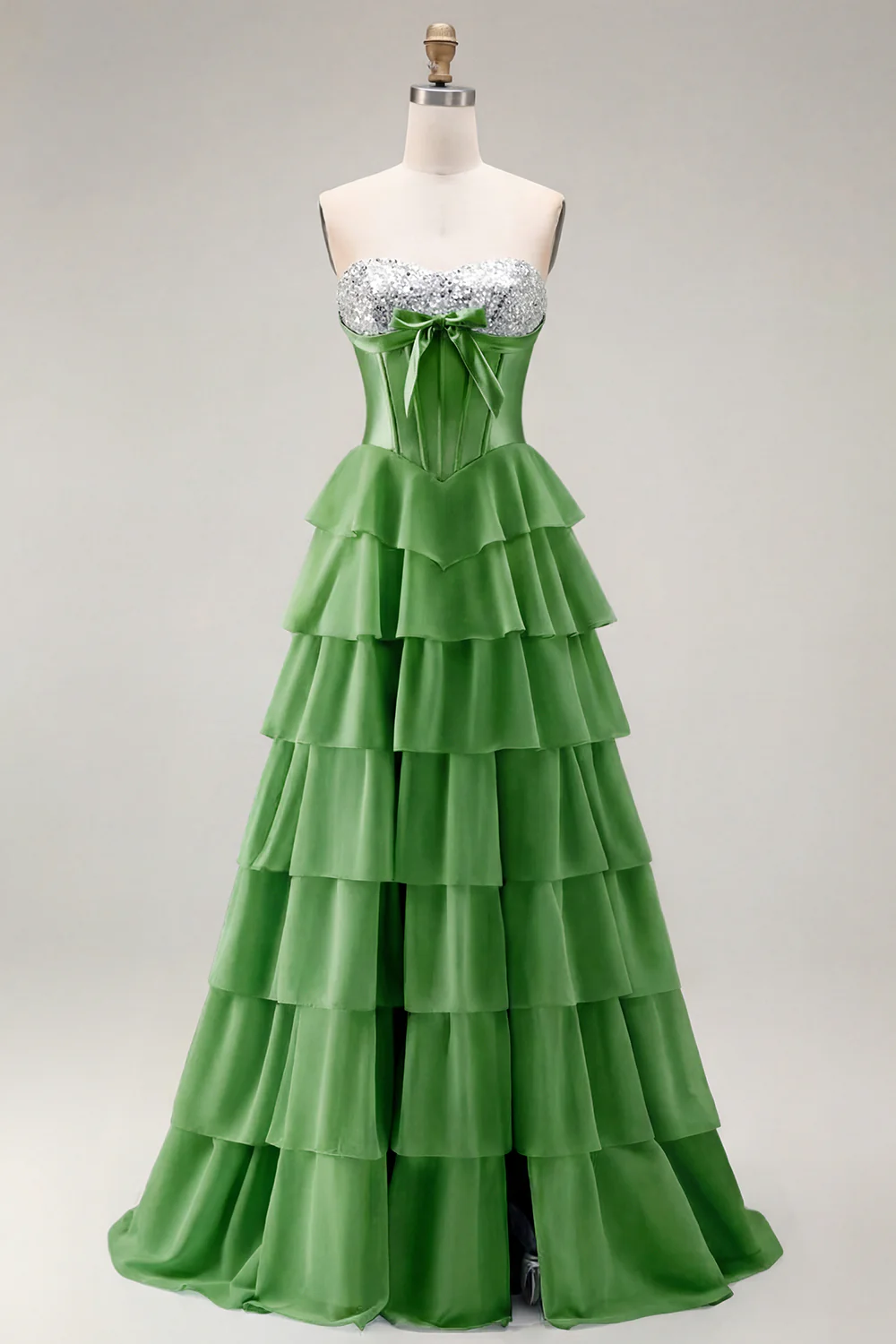 Blue Strapless Corset A-Line Tiered Ruffled Long Prom Dress with Slit - Image 24