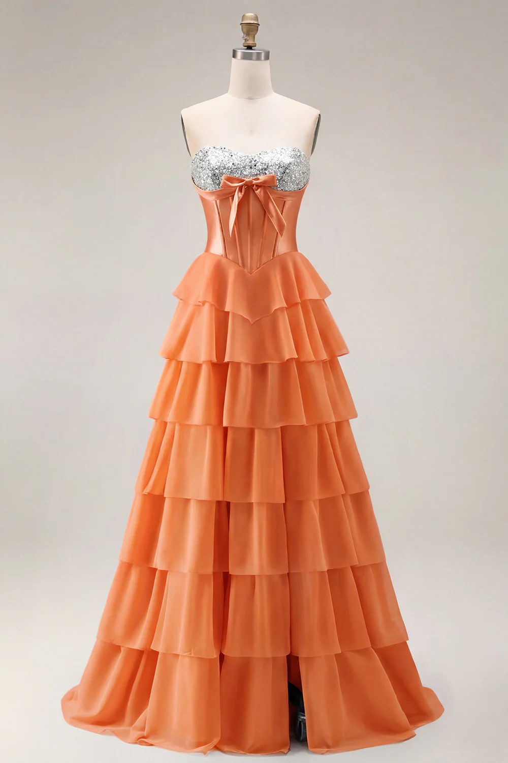 Blue Strapless Corset A-Line Tiered Ruffled Long Prom Dress with Slit - Image 26