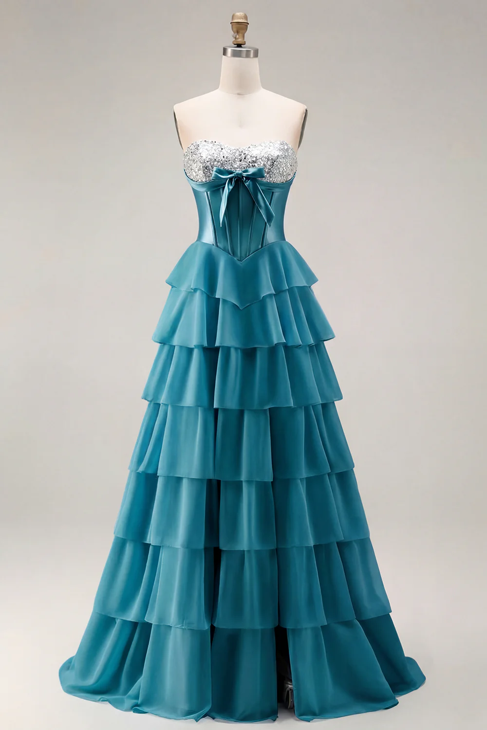 Blue Strapless Corset A-Line Tiered Ruffled Long Prom Dress with Slit - Image 28