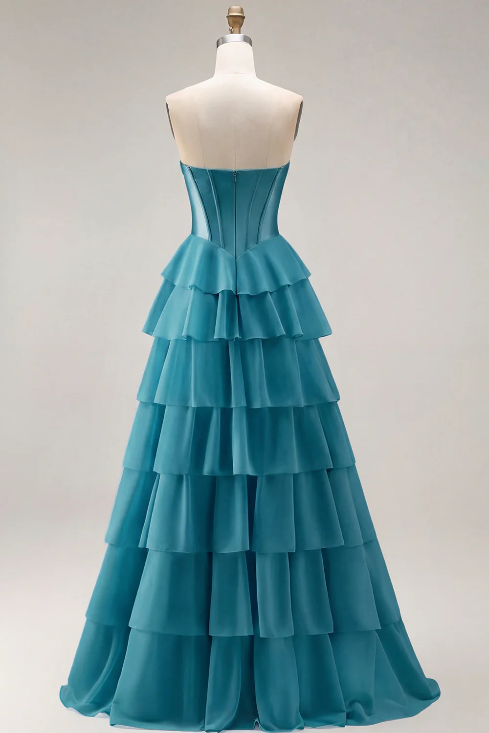 Blue Strapless Corset A-Line Tiered Ruffled Long Prom Dress with Slit - Image 29