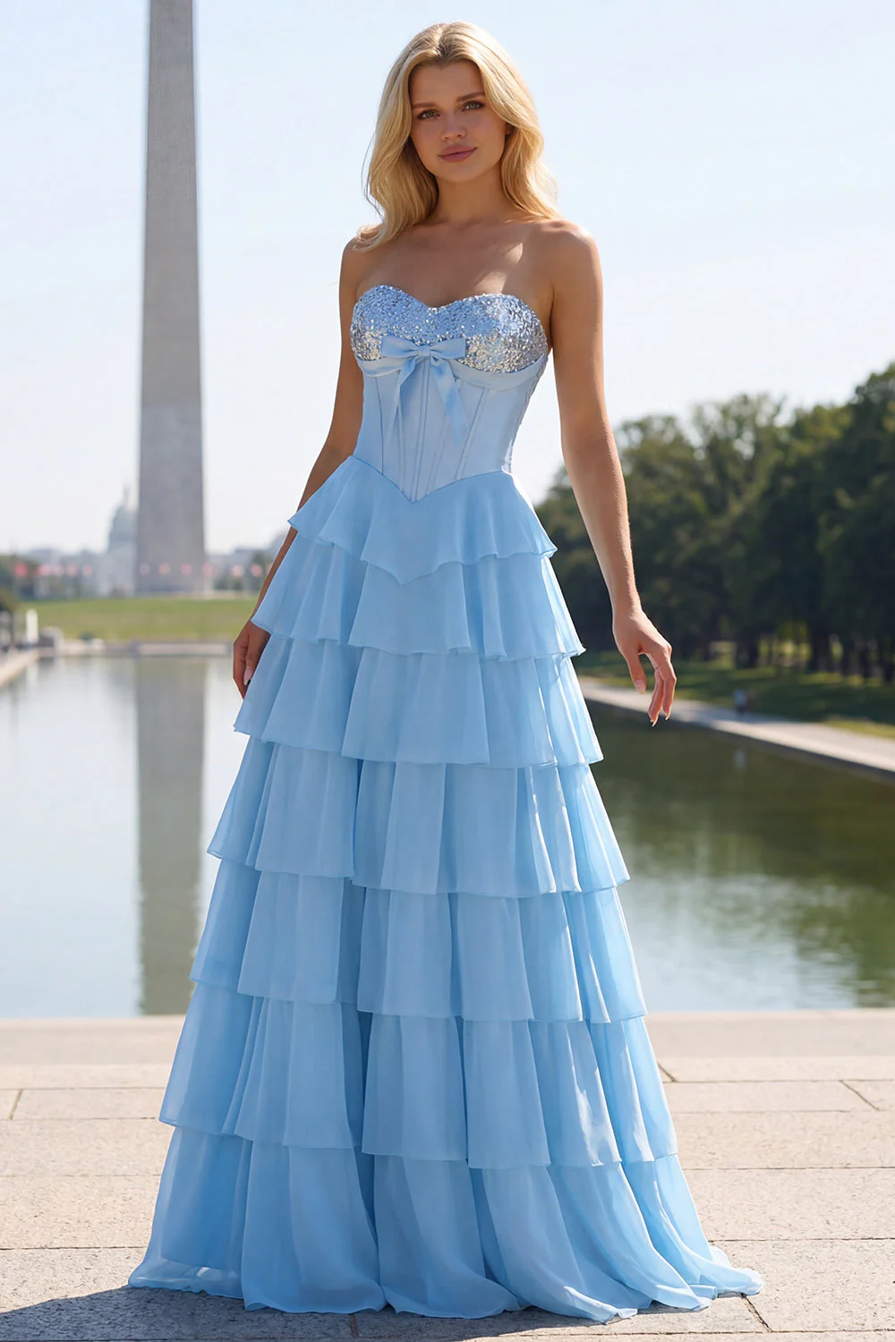 Blue Strapless Corset A-Line Tiered Ruffled Long Prom Dress with Slit - Image 3