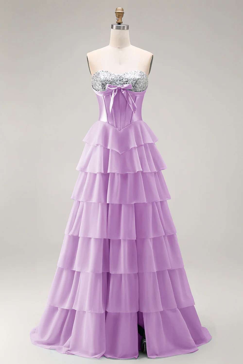 Blue Strapless Corset A-Line Tiered Ruffled Long Prom Dress with Slit - Image 30