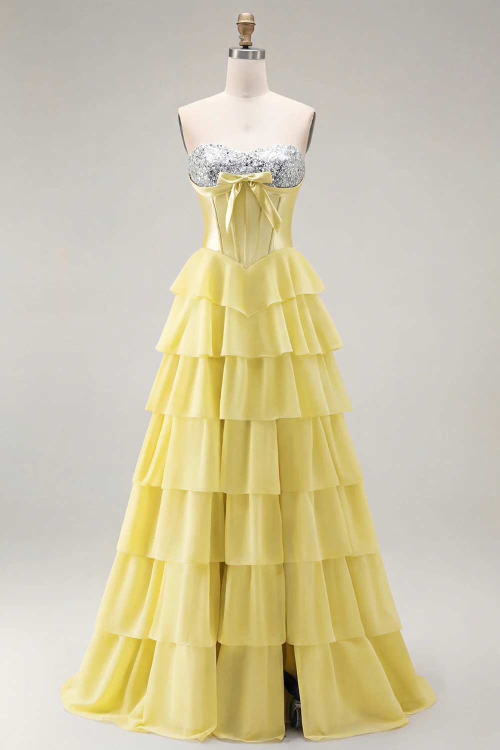 Blue Strapless Corset A-Line Tiered Ruffled Long Prom Dress with Slit - Image 32