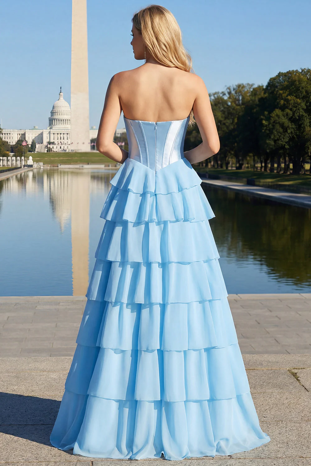 Blue Strapless Corset A-Line Tiered Ruffled Long Prom Dress with Slit - Image 4