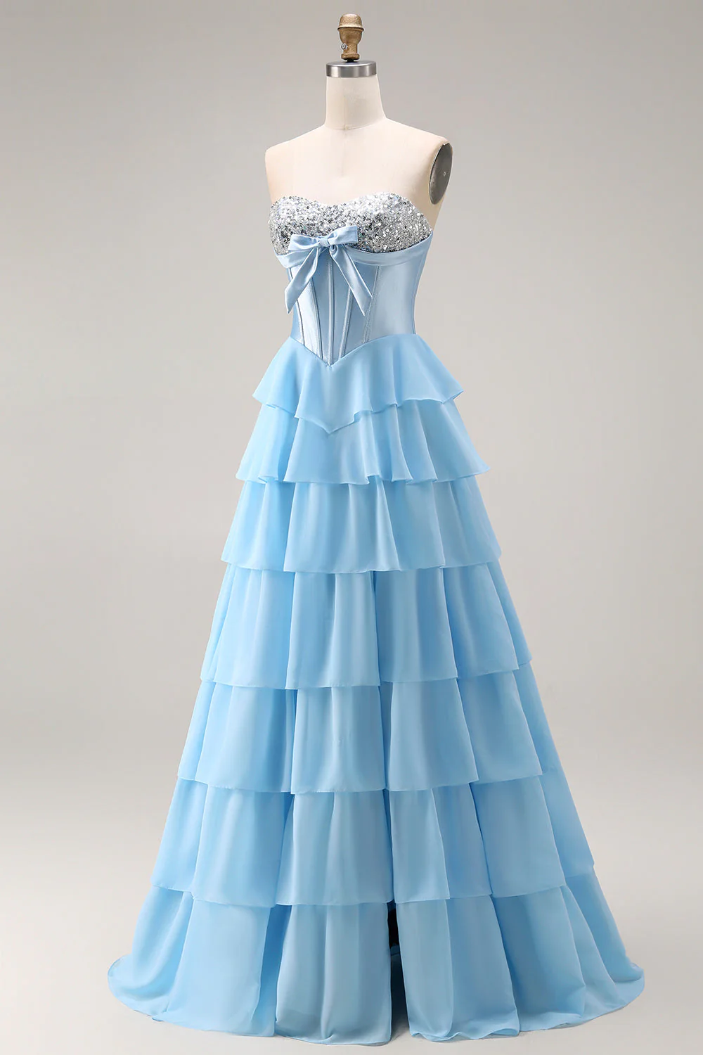 Blue Strapless Corset A-Line Tiered Ruffled Long Prom Dress with Slit - Image 5