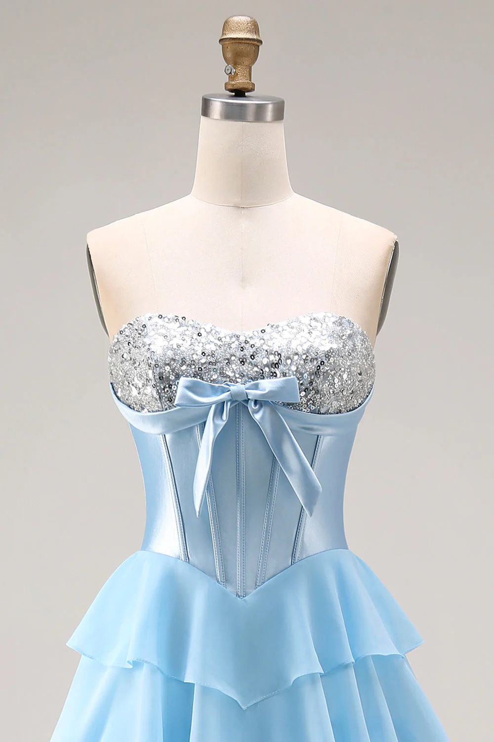 Blue Strapless Corset A-Line Tiered Ruffled Long Prom Dress with Slit - Image 6