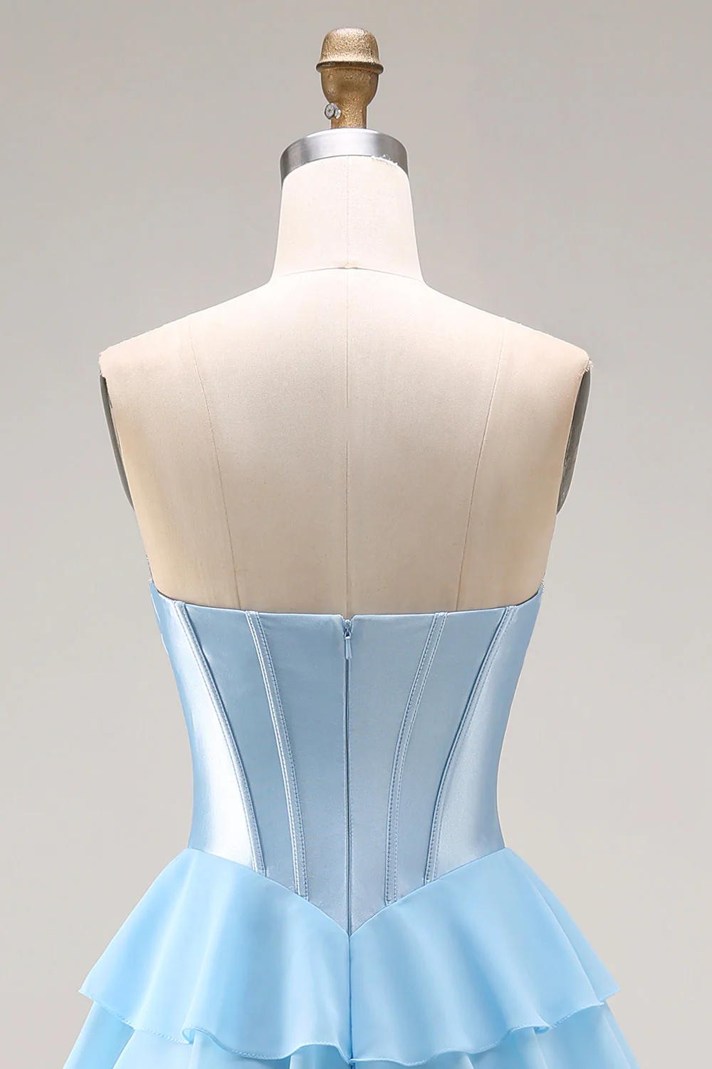 Blue Strapless Corset A-Line Tiered Ruffled Long Prom Dress with Slit - Image 7