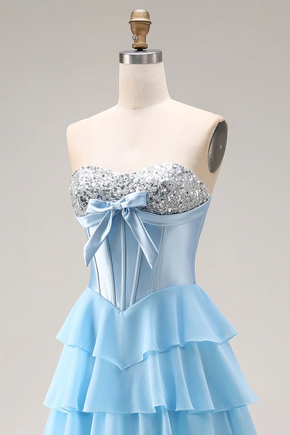 Blue Strapless Corset A-Line Tiered Ruffled Long Prom Dress with Slit - Image 8