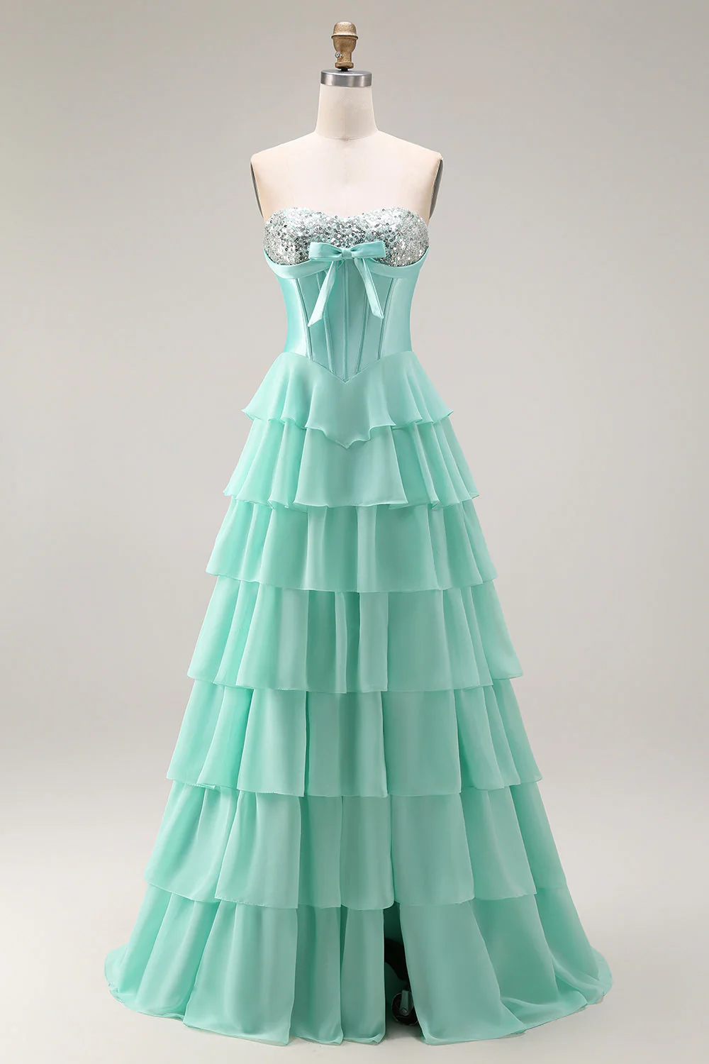 Blue Strapless Corset A-Line Tiered Ruffled Long Prom Dress with Slit - Image 9