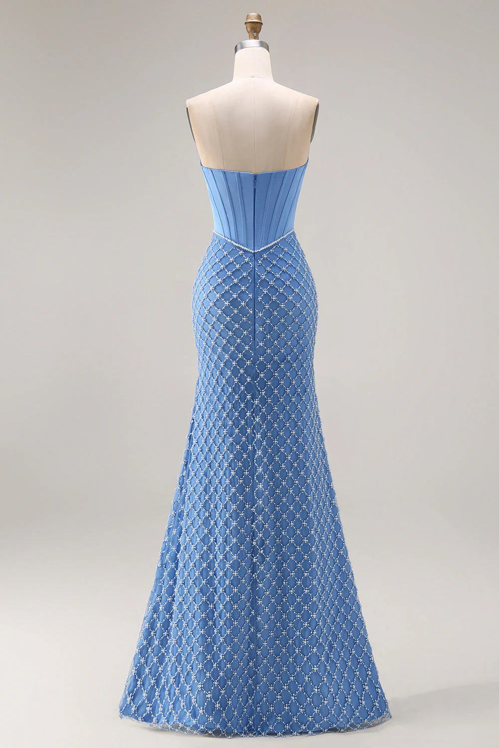 Blue Strapless Corset Beaded Pearls Mermaid Long Prom Dress with Slit - Image 2
