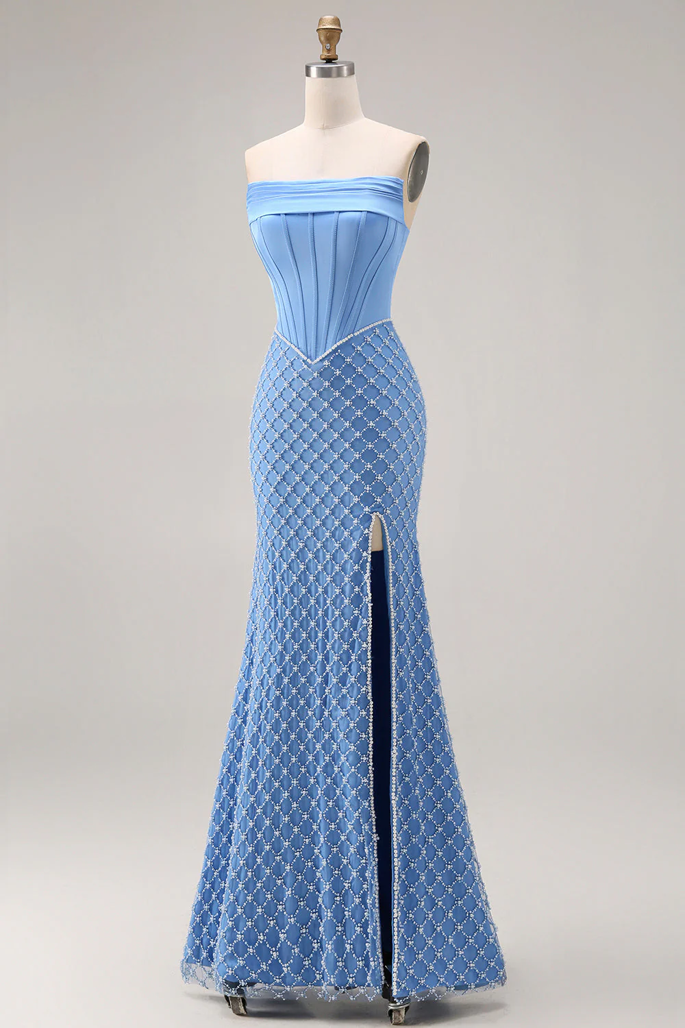 Blue Strapless Corset Beaded Pearls Mermaid Long Prom Dress with Slit - Image 3