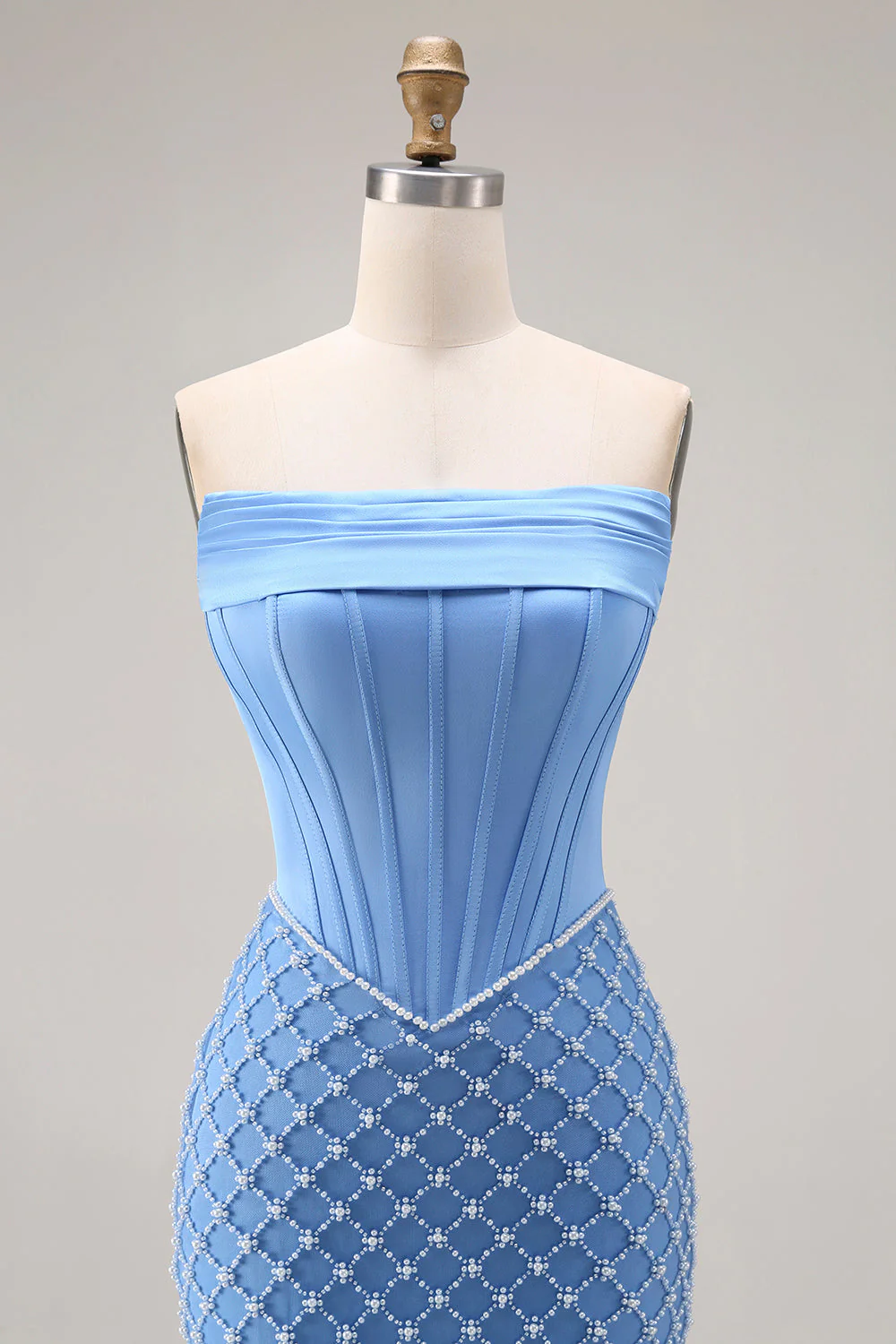 Blue Strapless Corset Beaded Pearls Mermaid Long Prom Dress with Slit - Image 4