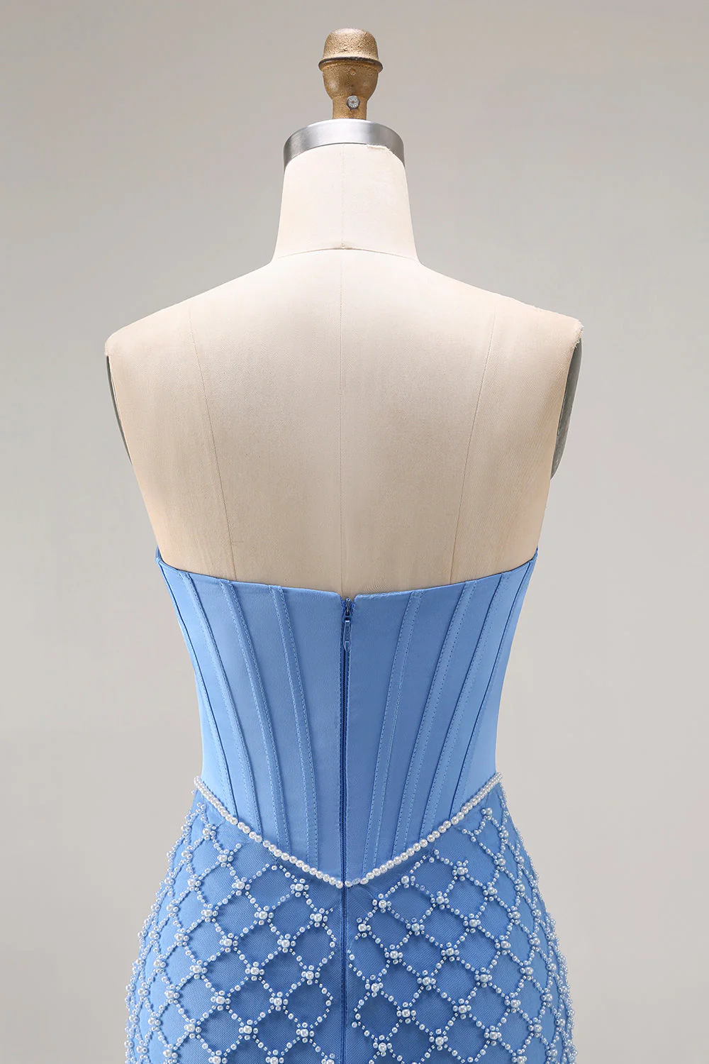 Blue Strapless Corset Beaded Pearls Mermaid Long Prom Dress with Slit - Image 5