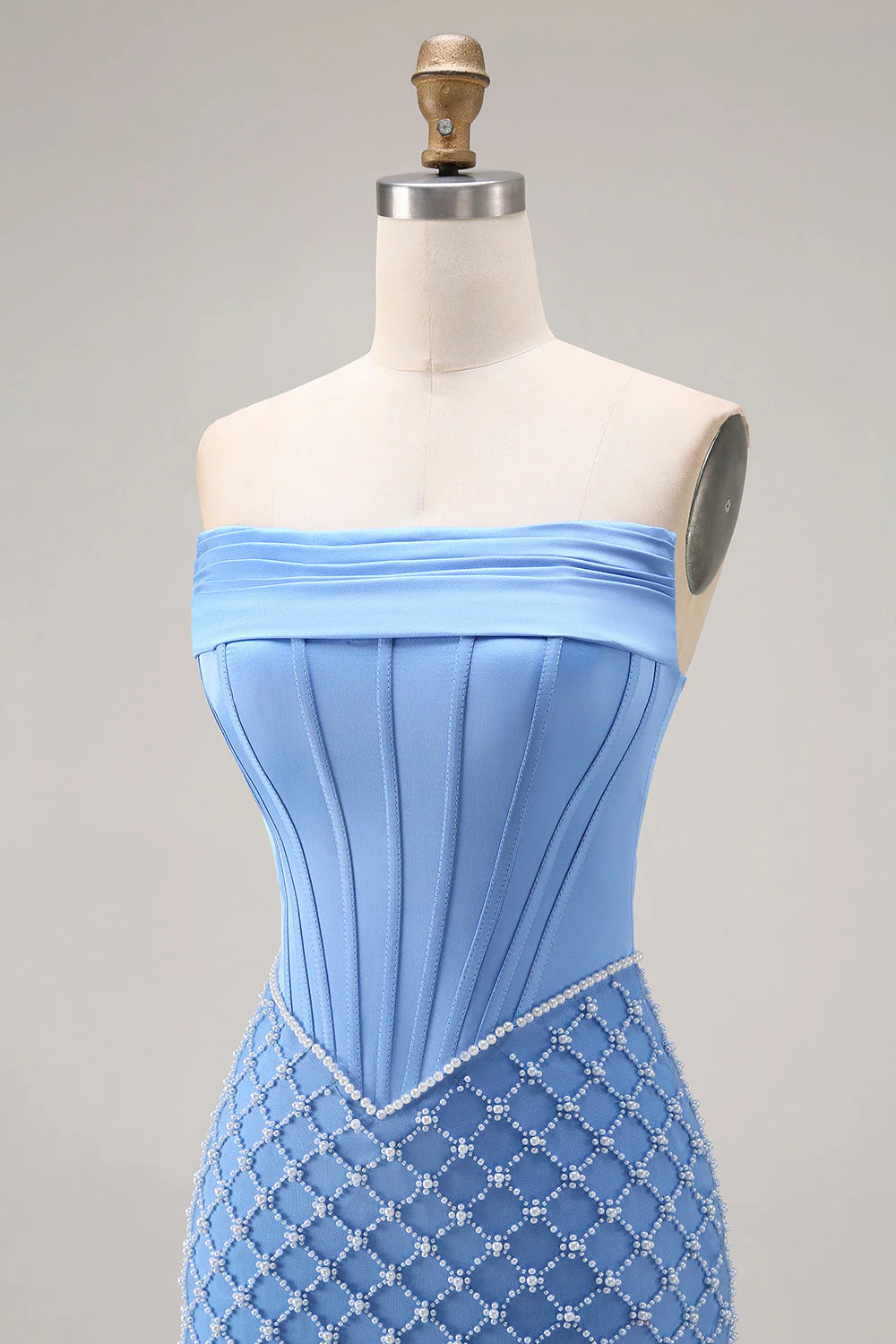 Blue Strapless Corset Beaded Pearls Mermaid Long Prom Dress with Slit - Image 6