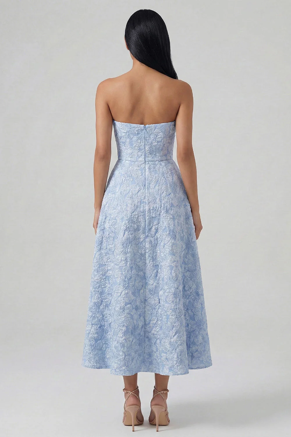 Blue Strapless Jacquard A Line Midi Dress with Slit - Image 2