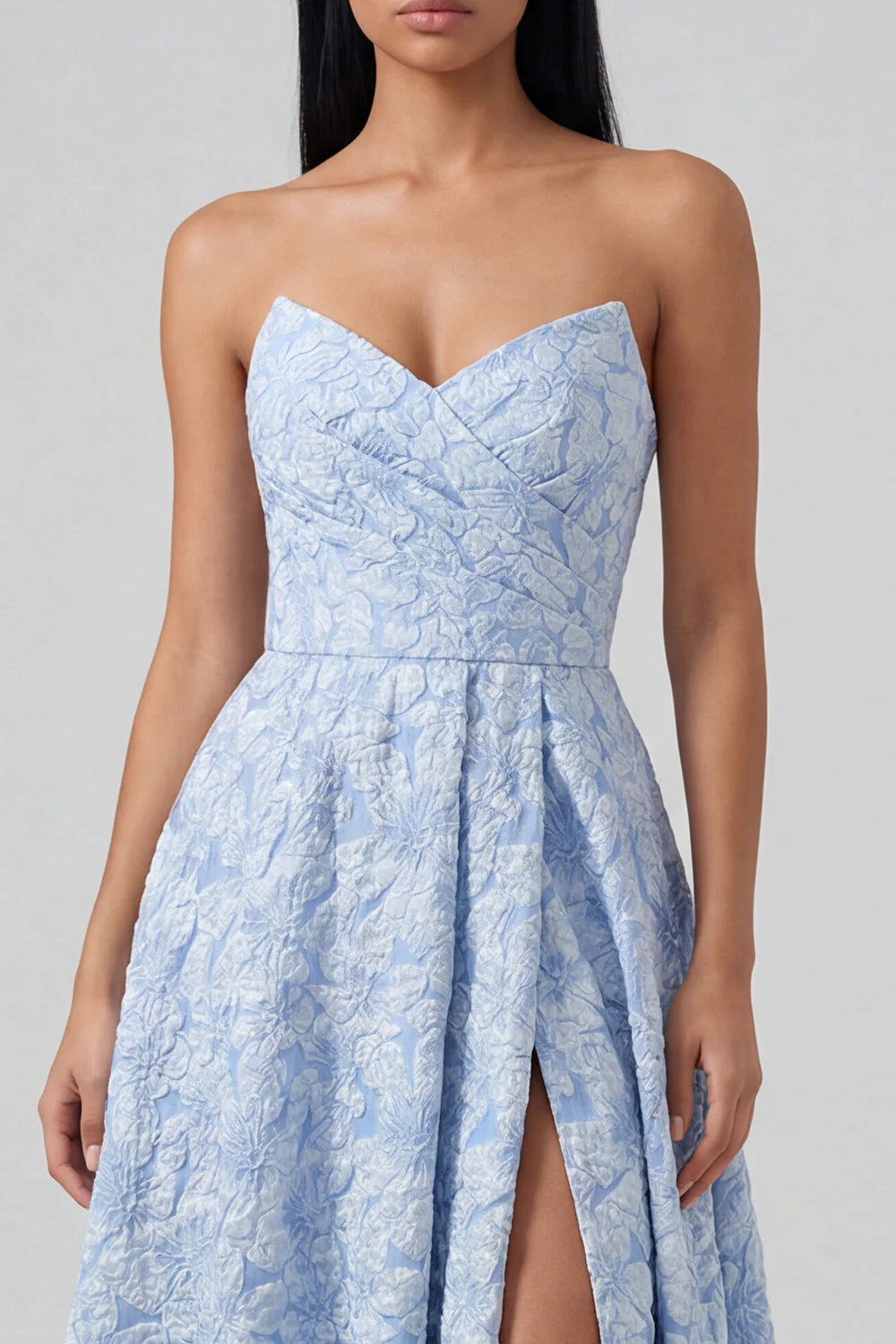 Blue Strapless Jacquard A Line Midi Dress with Slit - Image 3