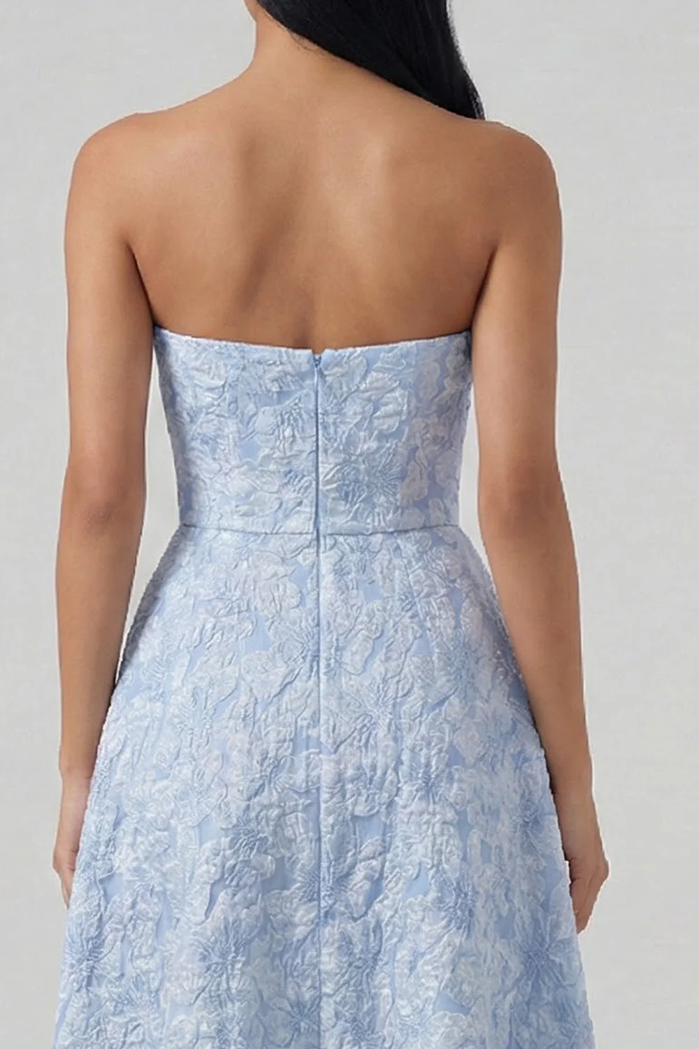 Blue Strapless Jacquard A Line Midi Dress with Slit - Image 4