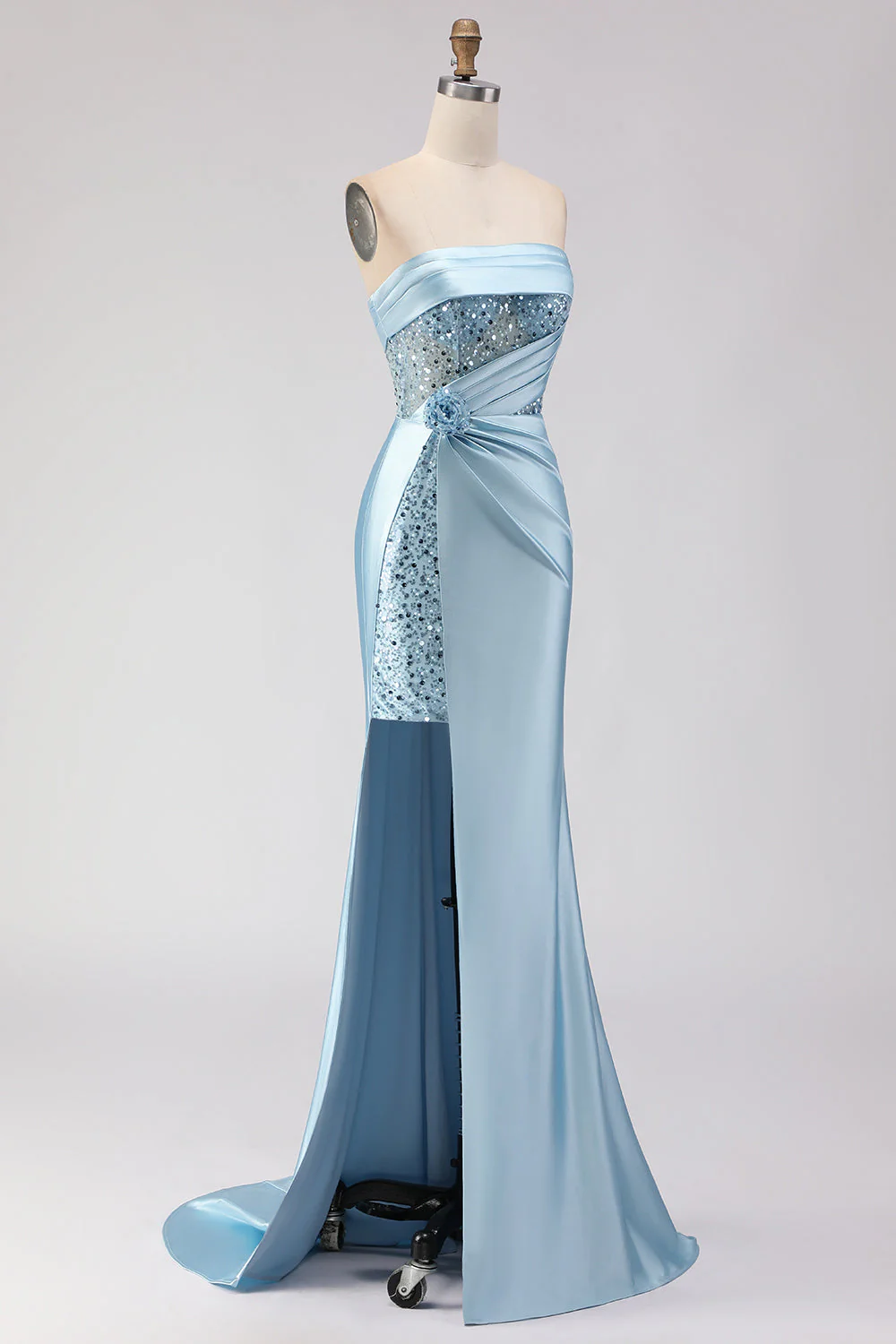 Blue Strapless Mermaid 3D Flower Sequin Long Prom Dress with Slit - Image 3