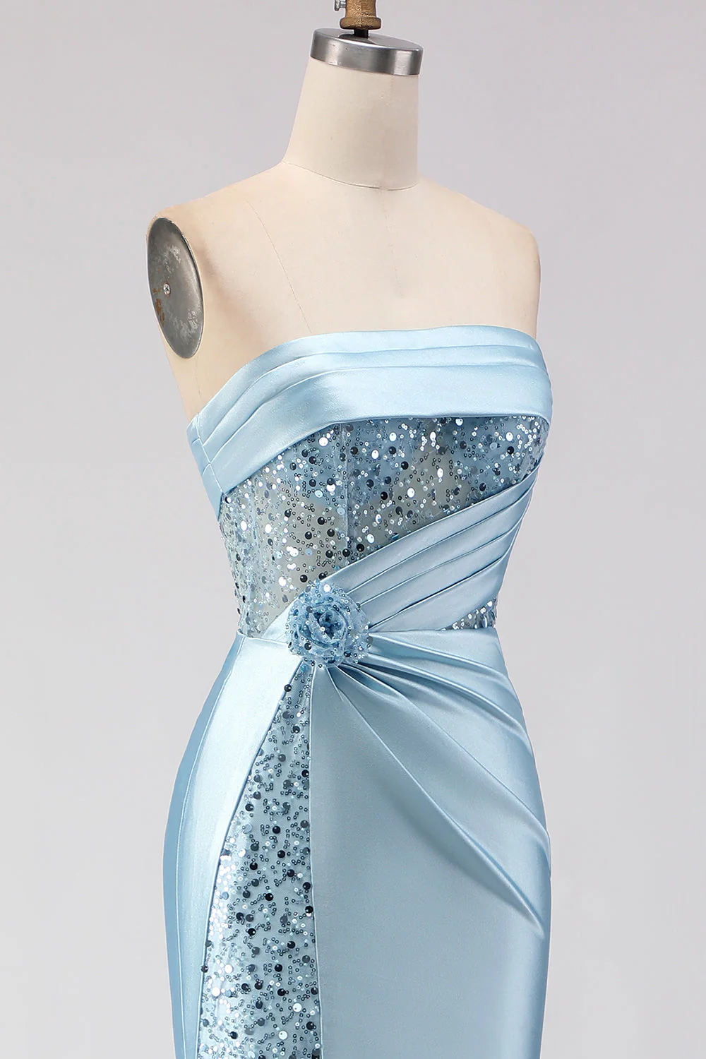 Blue Strapless Mermaid 3D Flower Sequin Long Prom Dress with Slit - Image 6