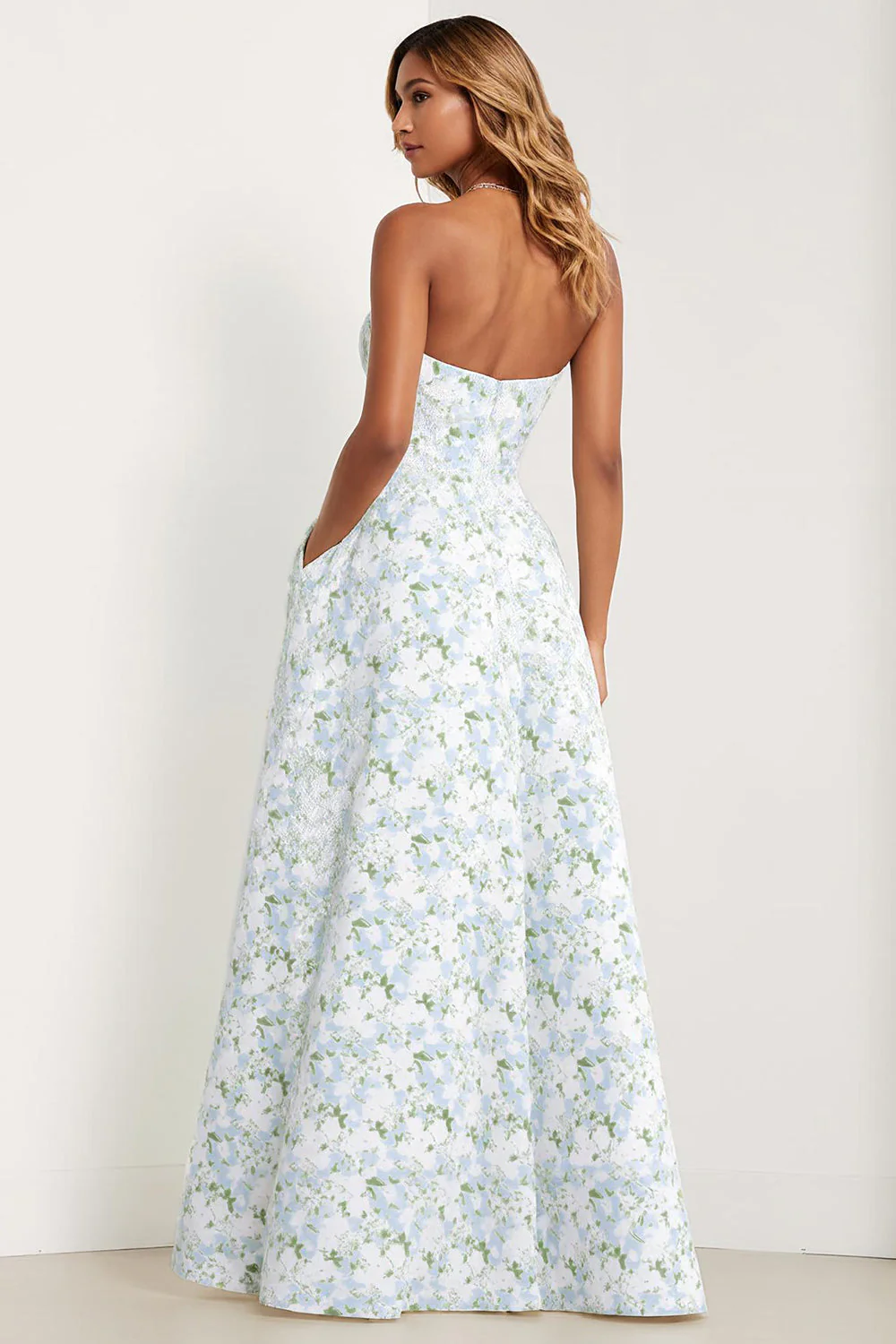 A-Line Blue Strapless Print White Floral Long Satin Dress with Pockets - Image 2