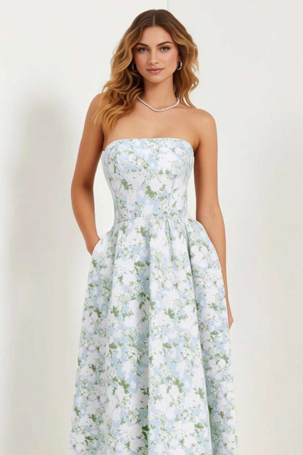 A-Line Blue Strapless Print White Floral Long Satin Dress with Pockets - Image 3