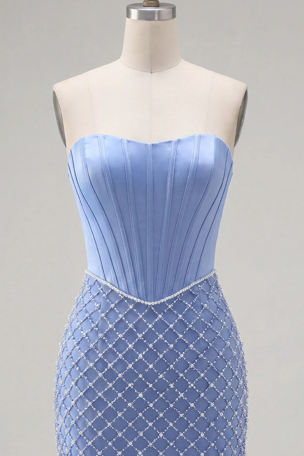 Blue Strapless Bodycon Corset Beaded Cocktail Dress - Image 5