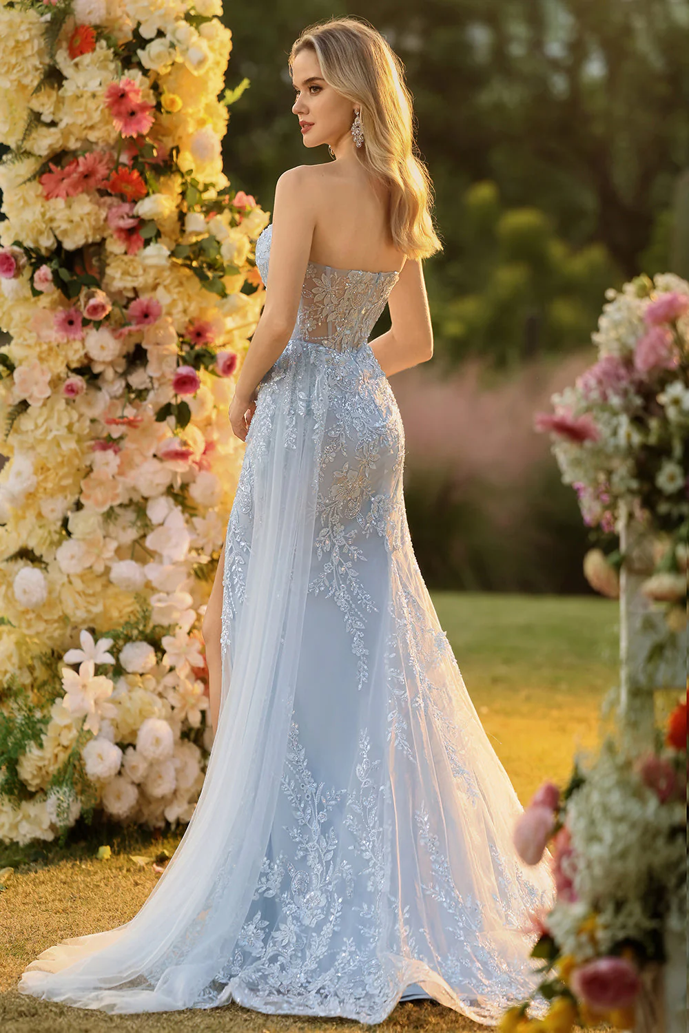 Blue Sweetheart Mermaid Beaded Corset Sequin Long Prom Dress with Slit - Image 2