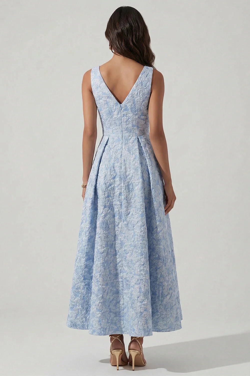 Blue A Line V Neck Jacquard Ruched Midi Dress - Image 2