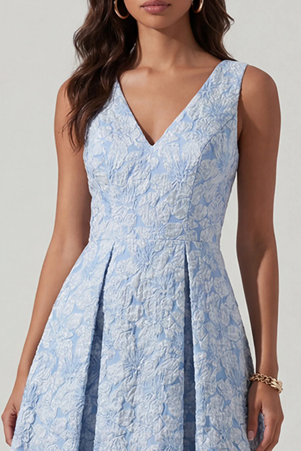 Blue A Line V Neck Jacquard Ruched Midi Dress - Image 3