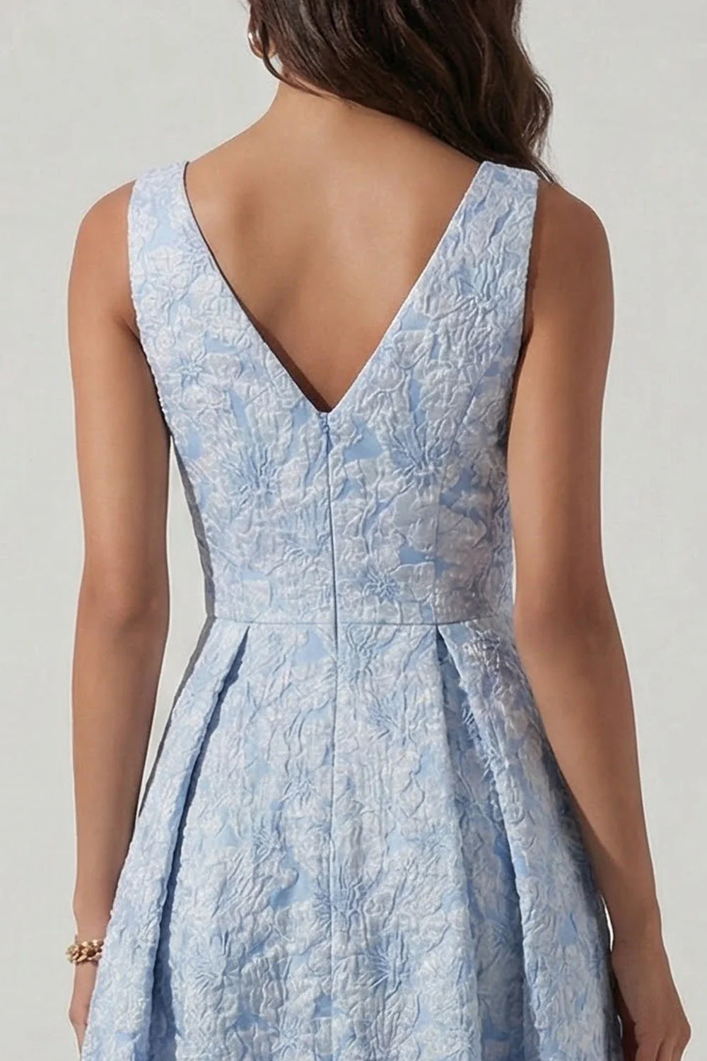 Blue A Line V Neck Jacquard Ruched Midi Dress - Image 4