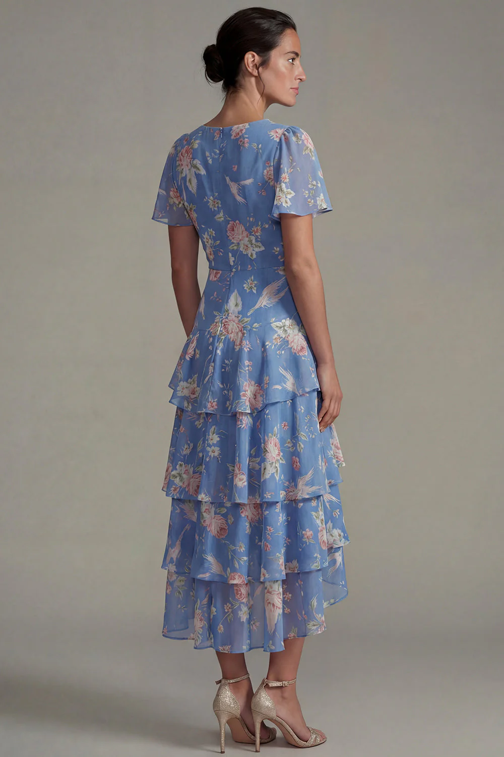 Blue V Neck Pink Floral Chiffon Ruffled A Line Midi Dress with Short Sleeves - Image 2
