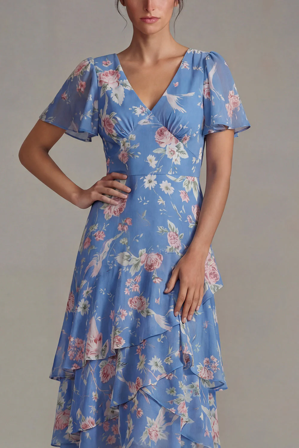 Blue V Neck Pink Floral Chiffon Ruffled A Line Midi Dress with Short Sleeves - Image 3