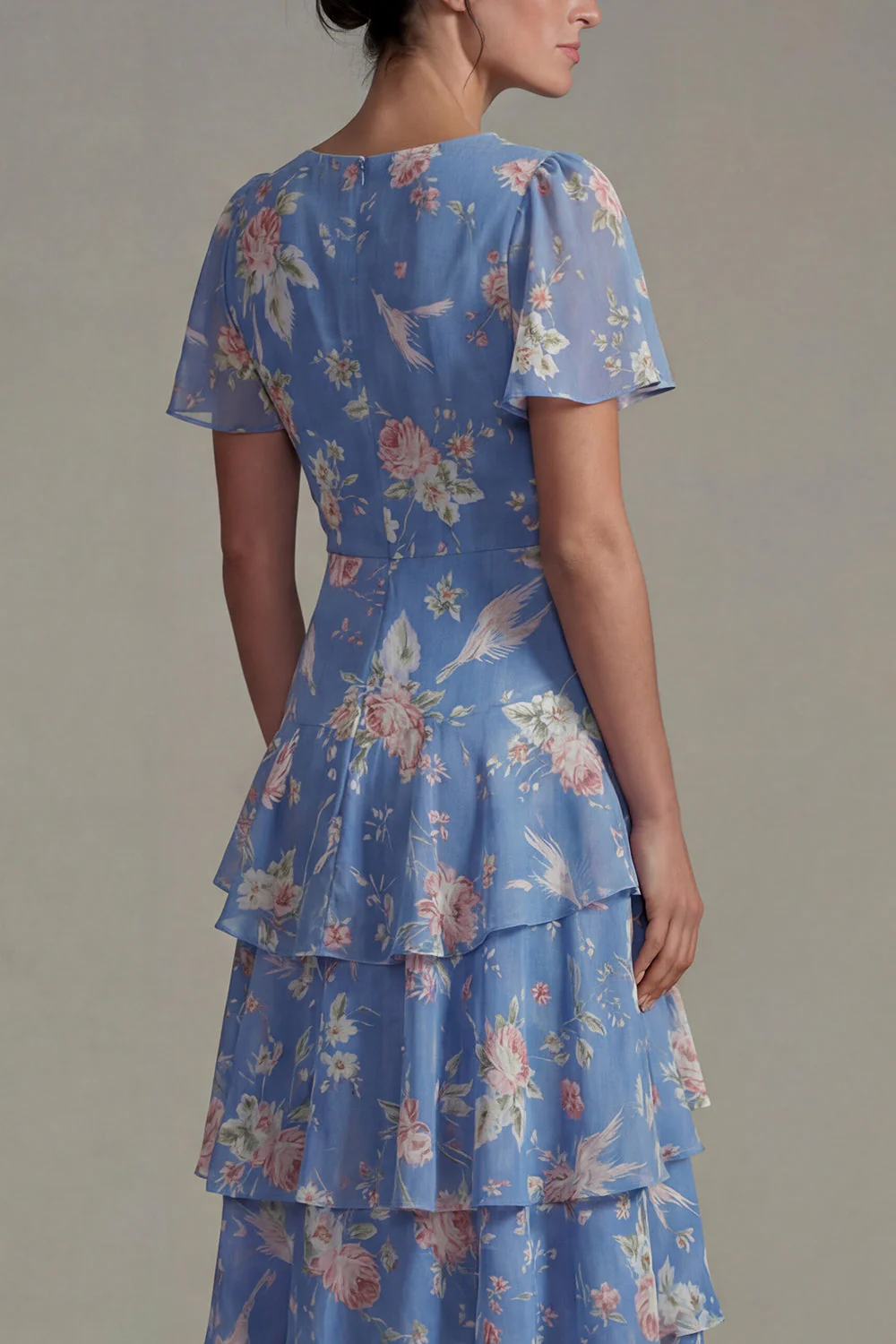 Blue V Neck Pink Floral Chiffon Ruffled A Line Midi Dress with Short Sleeves - Image 4