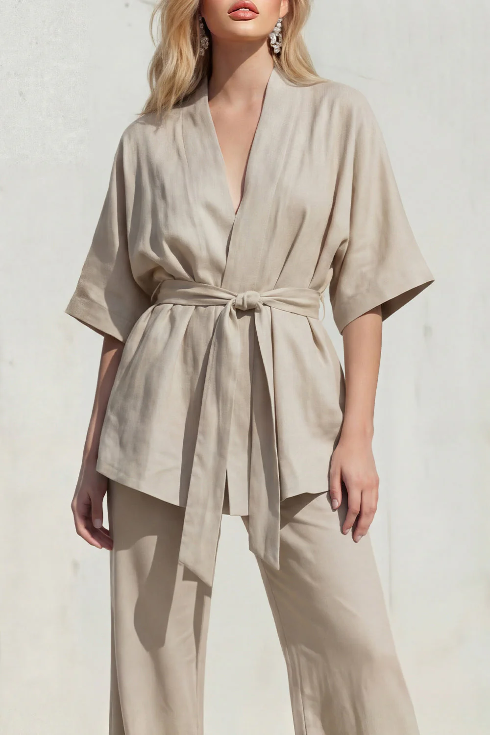 Blue V-Neck Short Sleeves Long Women Suit with Belt - Image 11