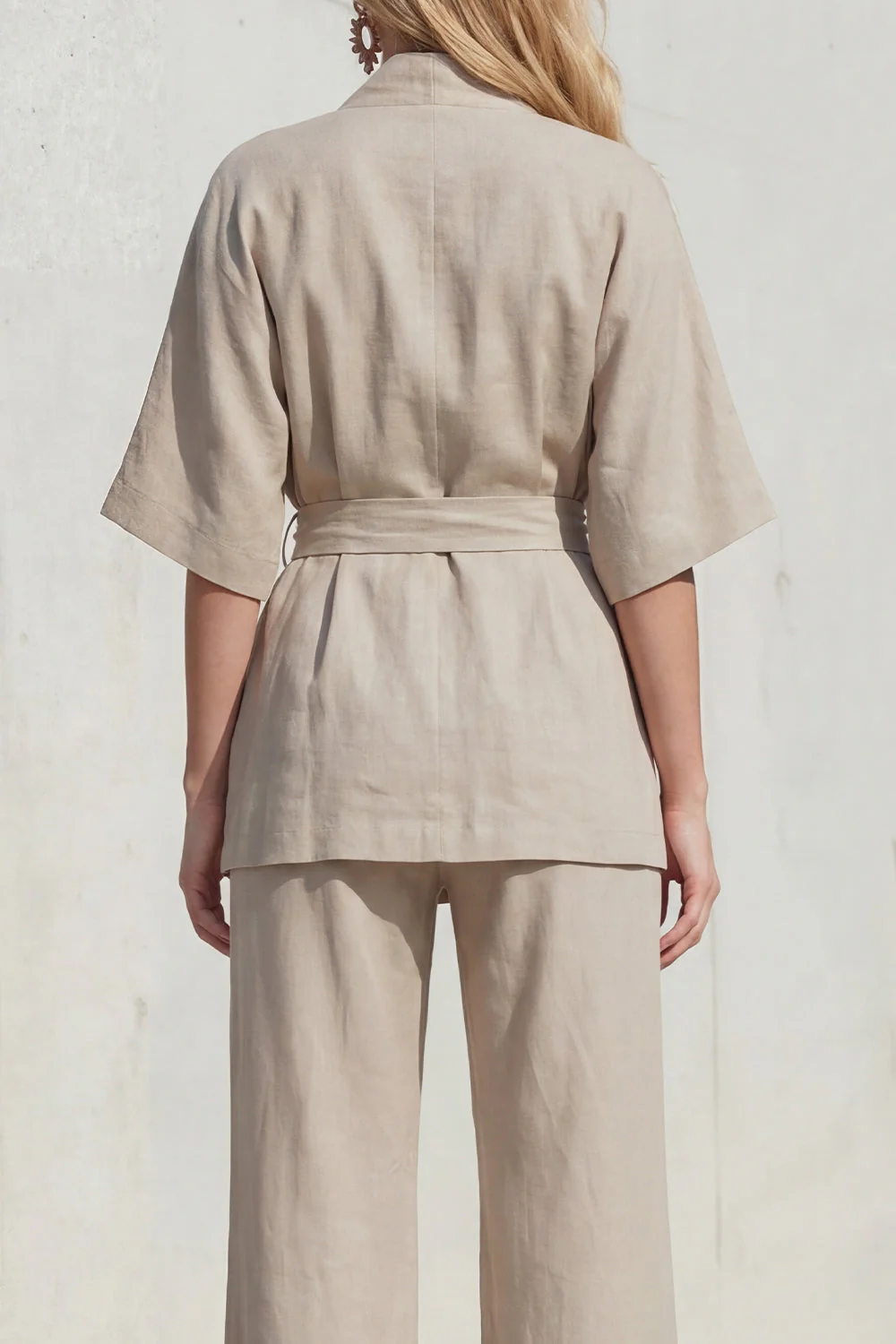 Blue V-Neck Short Sleeves Long Women Suit with Belt - Image 12