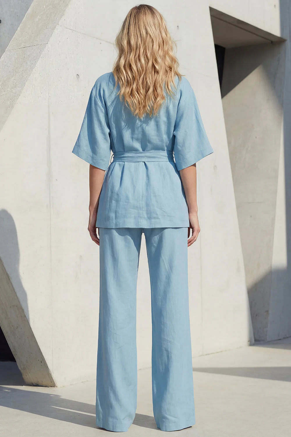 Blue V-Neck Short Sleeves Long Women Suit with Belt - Image 2