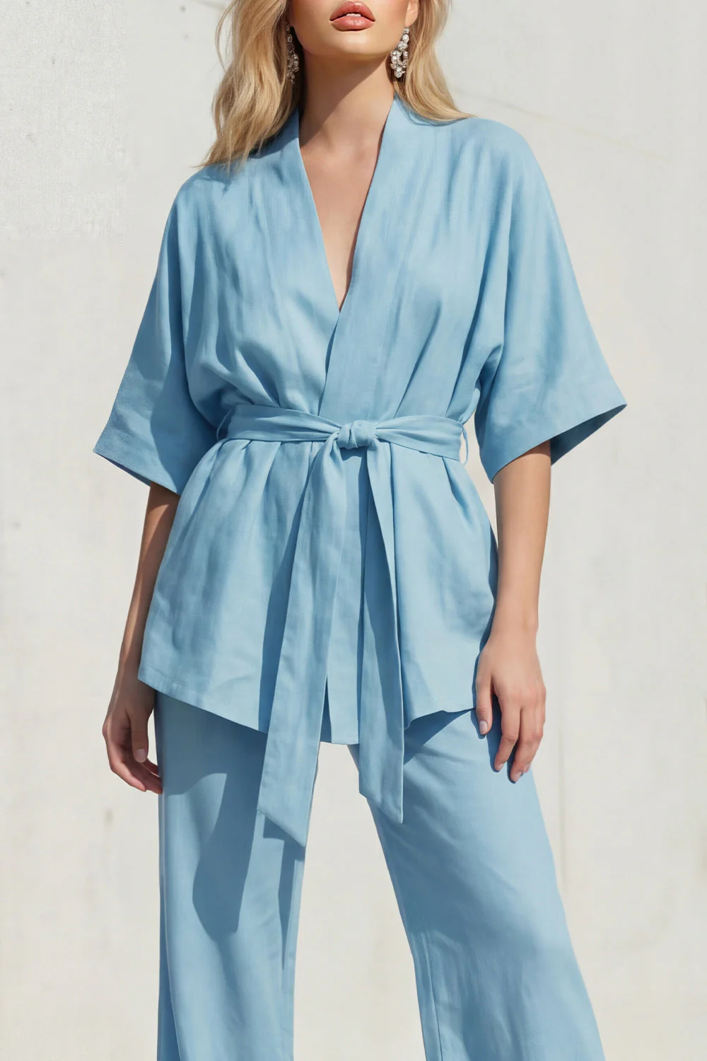 Blue V-Neck Short Sleeves Long Women Suit with Belt - Image 3