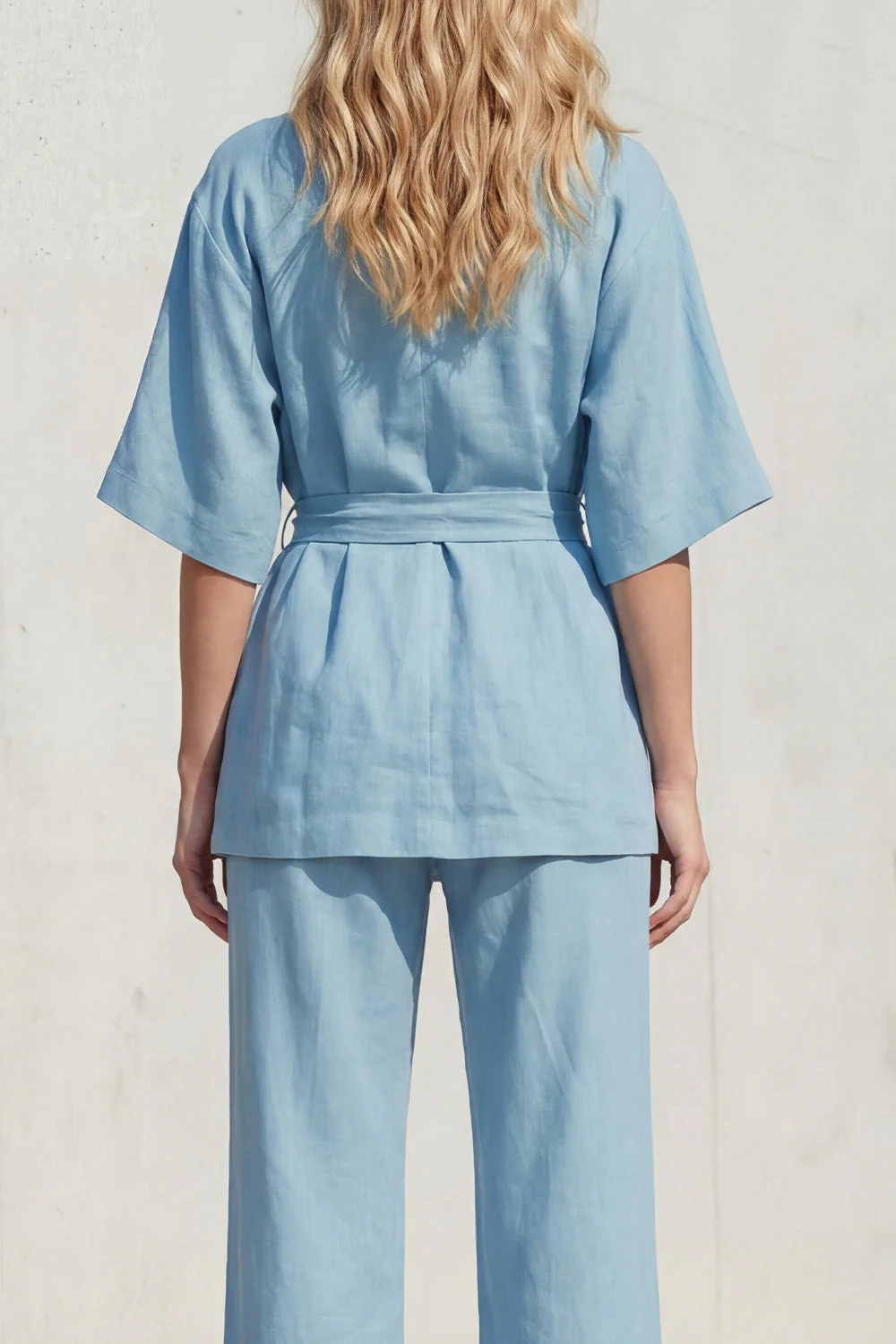 Blue V-Neck Short Sleeves Long Women Suit with Belt - Image 4