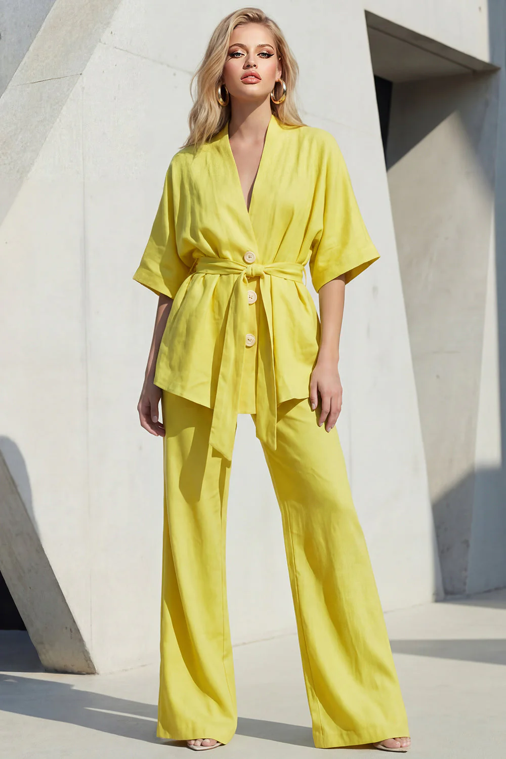 Blue V-Neck Short Sleeves Long Women Suit with Belt - Image 5