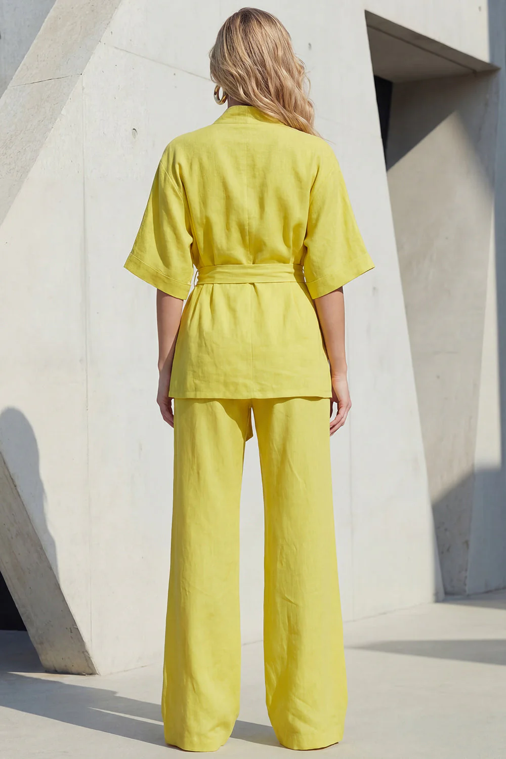 Blue V-Neck Short Sleeves Long Women Suit with Belt - Image 6