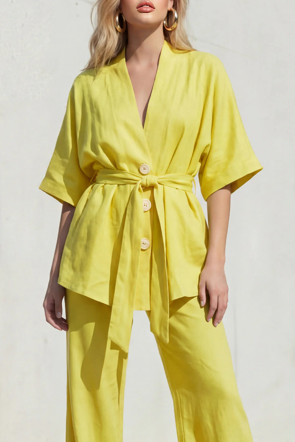 Blue V-Neck Short Sleeves Long Women Suit with Belt - Image 7