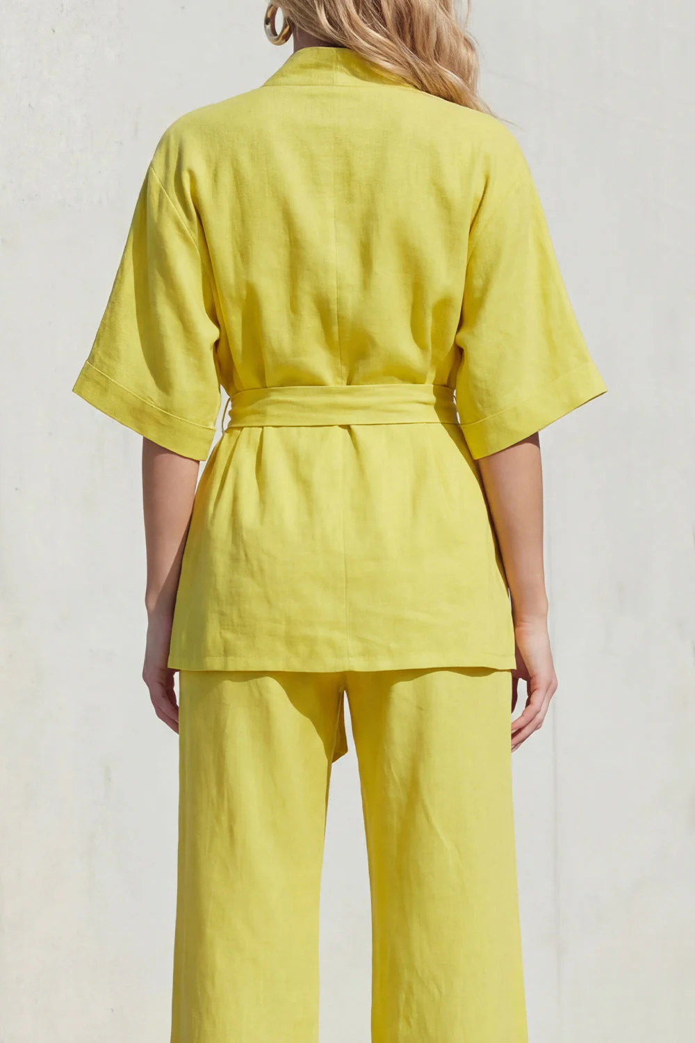 Blue V-Neck Short Sleeves Long Women Suit with Belt - Image 8