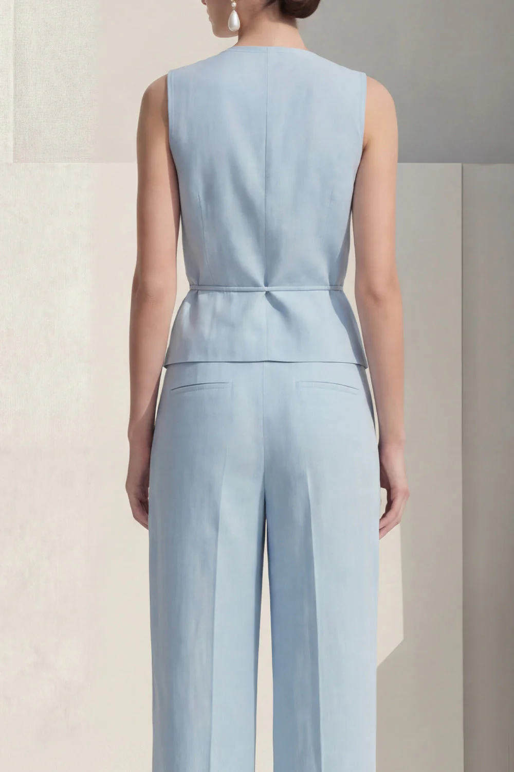 Blue V-Neck Single Breasted Women Suits with Belt - Image 4